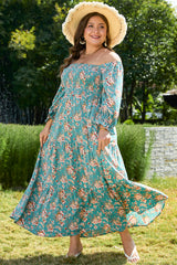 Green Plus Size Floral Print Square Neck Smocked Maxi Dress Green 100%Polyester Plus Size Maxi Dresses JT's Designer Fashion