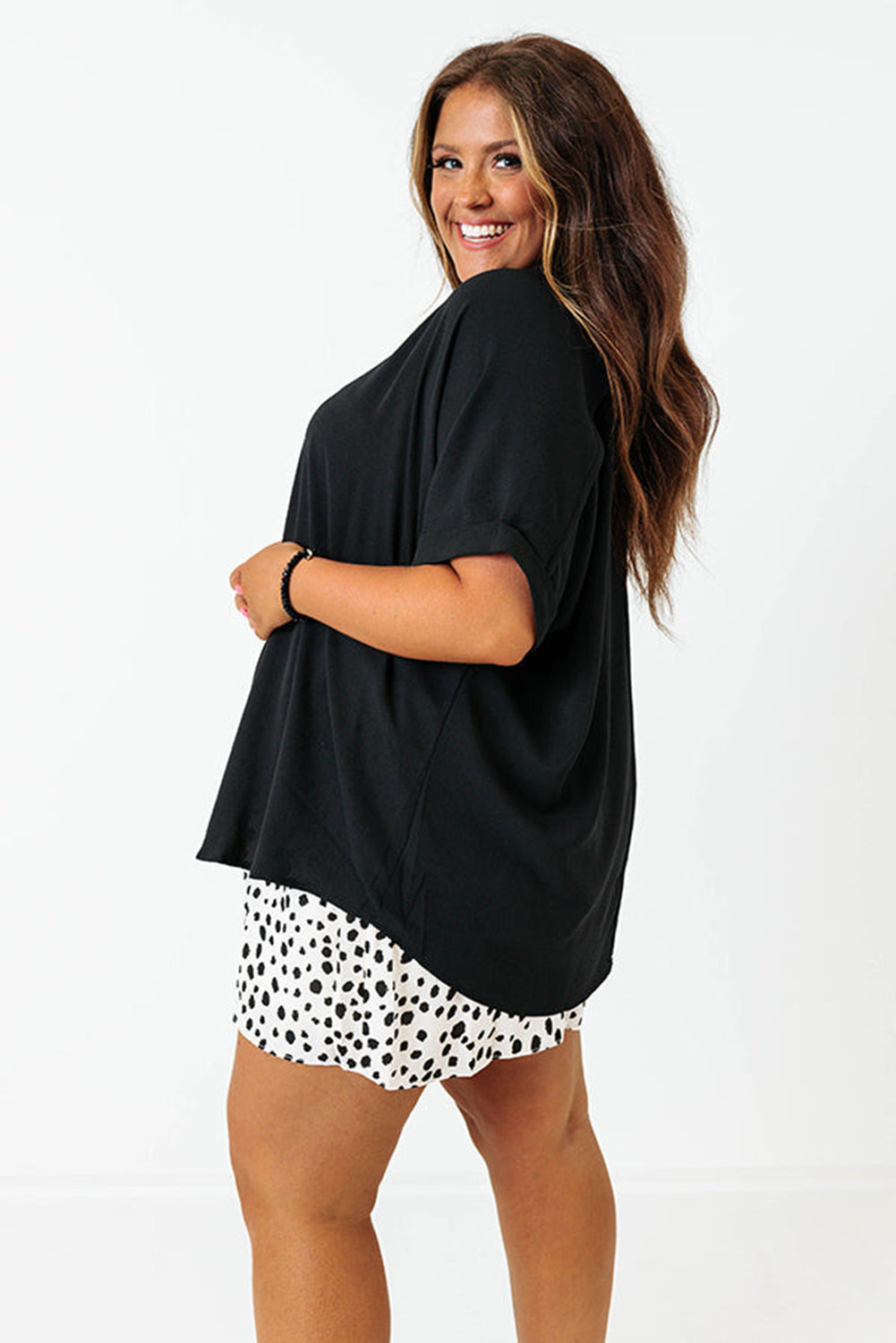 Black Seamed Back High Low Hem V Neck Cuffed Sleeve Plus Size Tee Plus Size Tops & Tees JT's Designer Fashion