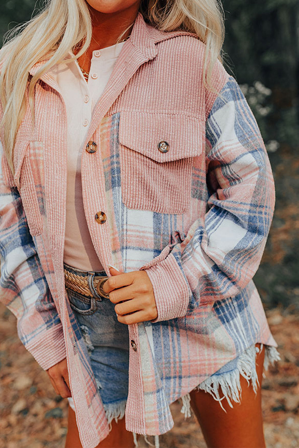 Light Pink Plaid Corduroy Patchwork Chest Pocket Shacket Plaid Shackets JT's Designer Fashion