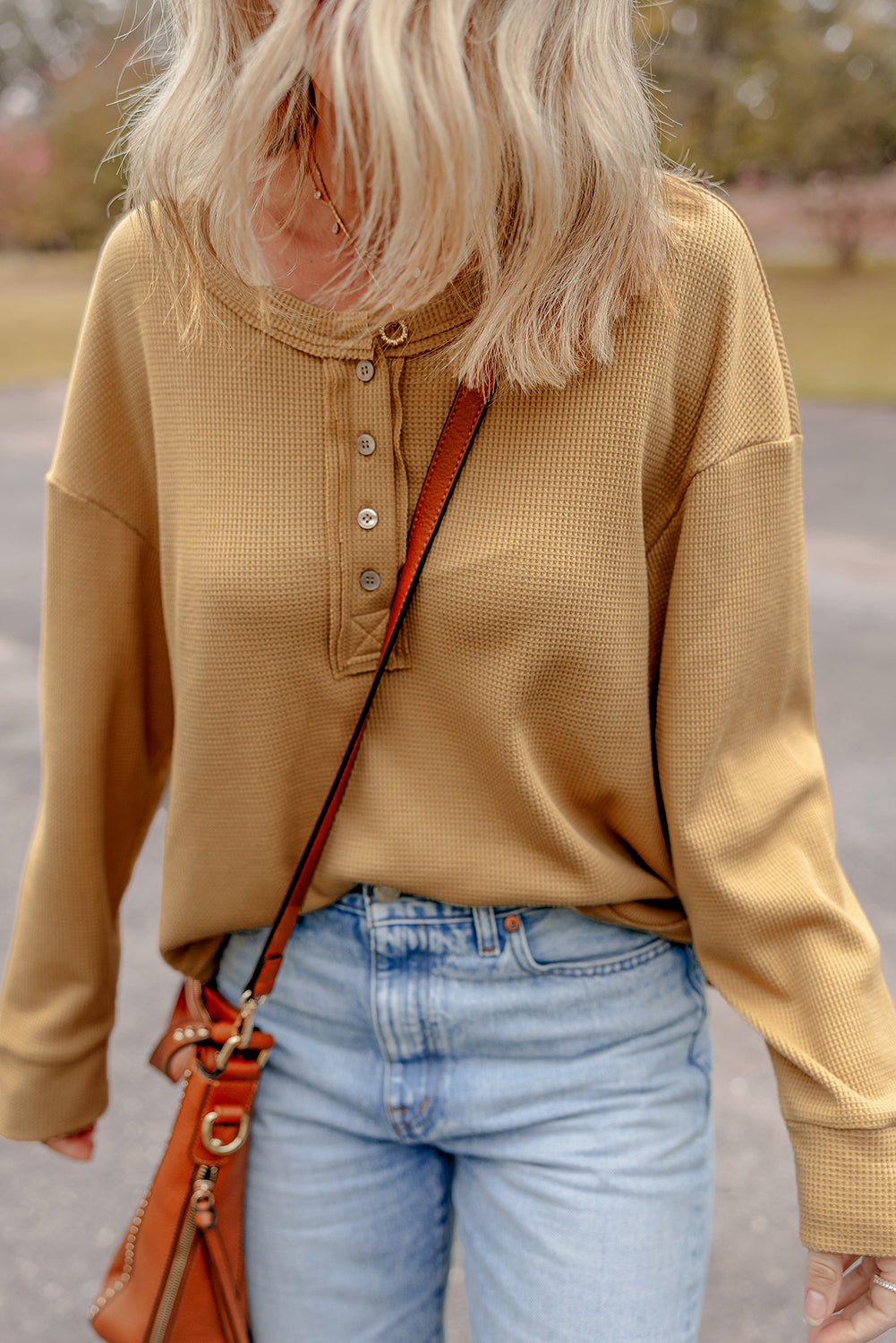Camel Textured Knit Half Button Drop Shoulder Oversized Top Long Sleeve Tops JT's Designer Fashion