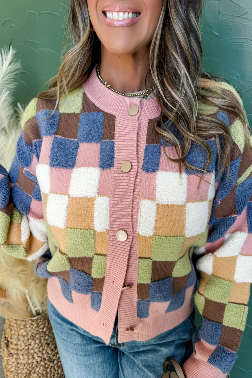 Multicolour Plush Checkered Pattern Button Front Cardigan Sweater Cardigans JT's Designer Fashion