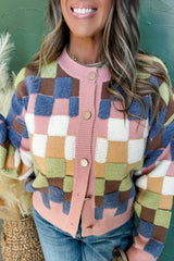 Multicolour Plush Checkered Pattern Button Front Cardigan Sweater Cardigans JT's Designer Fashion