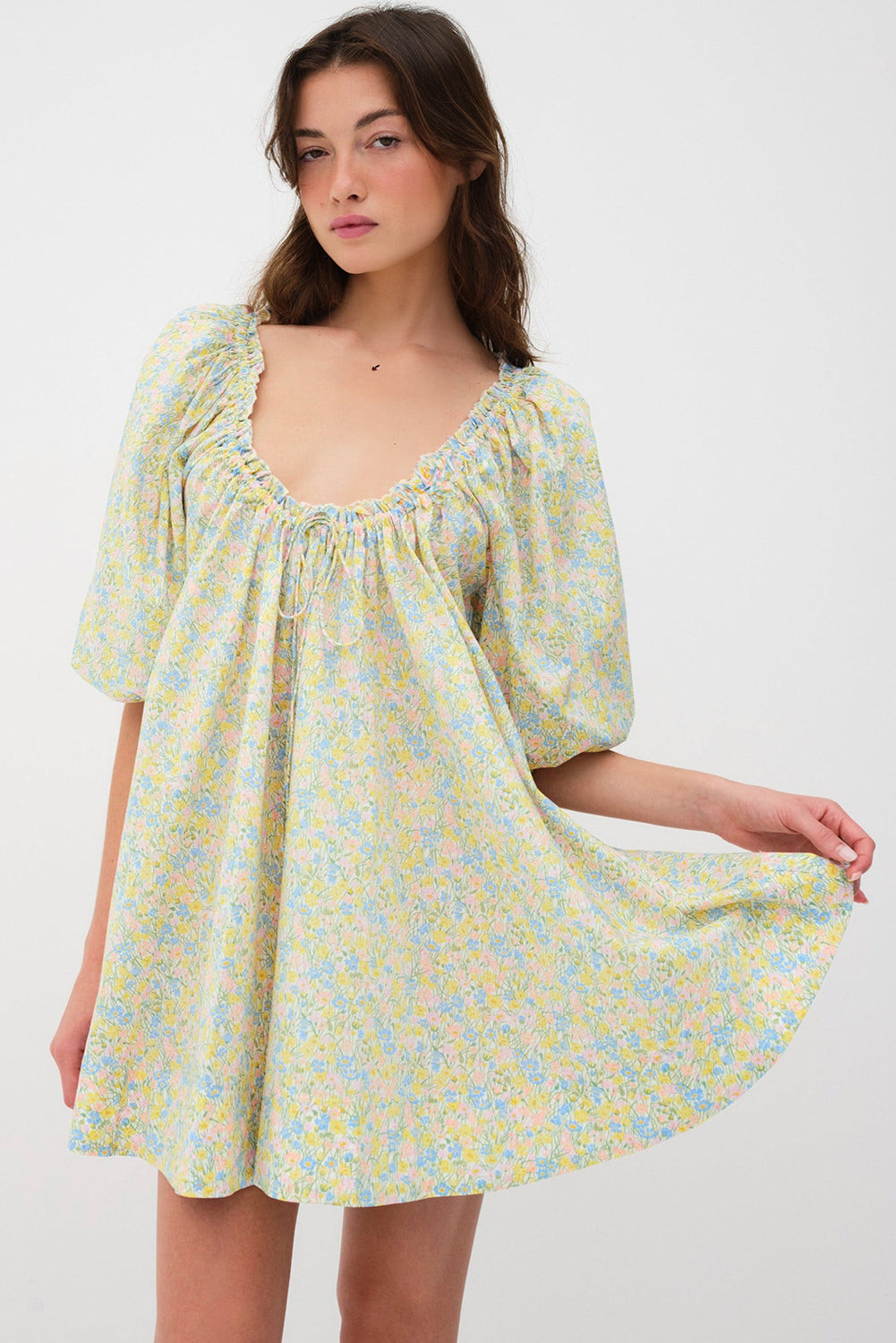 Green Floral Half Sleeve Frilled U Neck A-line Short Dress Floral Dresses JT's Designer Fashion