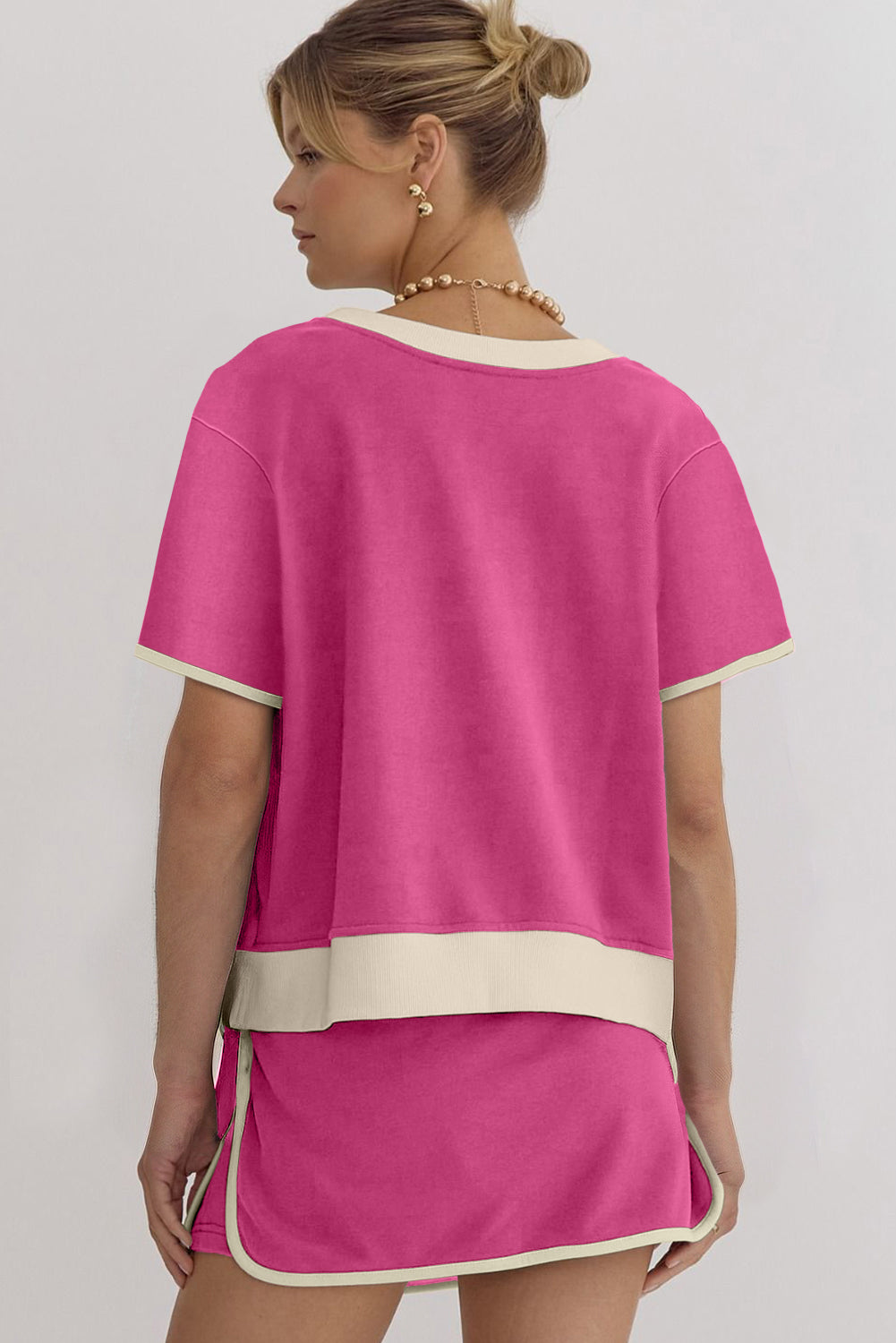 Rose Red Colorblock Edge Drop Shoulder T Shirt and Skort 2Pcs Set Two Piece Dresses JT's Designer Fashion