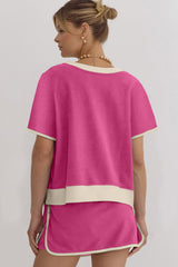 Rose Red Colorblock Edge Drop Shoulder T Shirt and Skort 2Pcs Set Two Piece Dresses JT's Designer Fashion