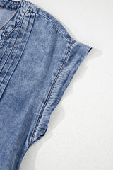Beau Blue Tie V Neck Tucking Detail Short Sleeve Denim Shift Dress Mini Dresses JT's Designer Fashion