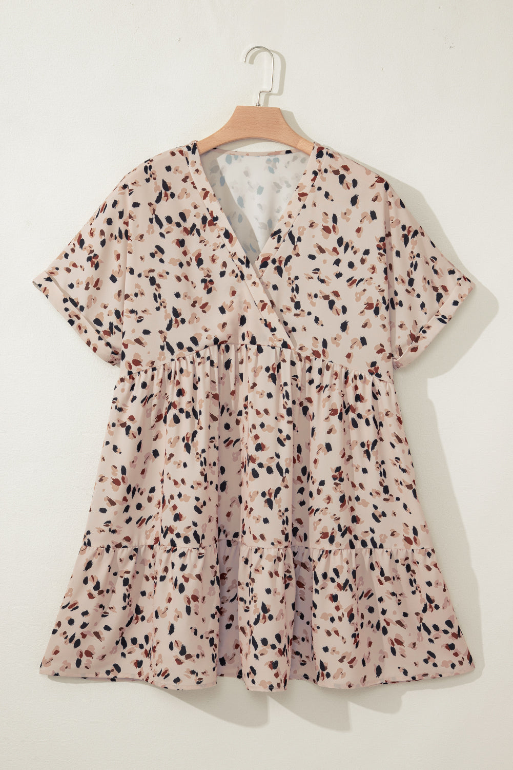 Beige Printed Surplice V Neck Cuffed Sleeve Empire Waist Plus Size Dress Plus Size Mini Dresses JT's Designer Fashion