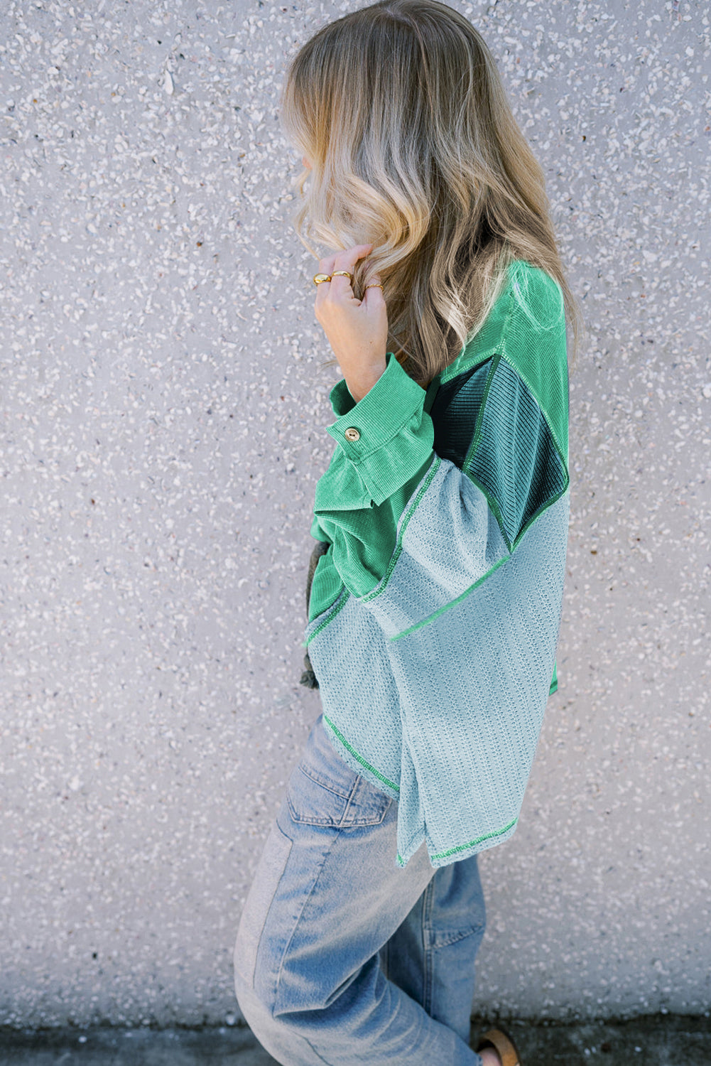 Green Colorblock Stitching Patchwork Buttoned Long Sleeve Top Long Sleeve Tops JT's Designer Fashion
