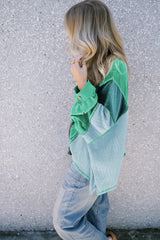 Green Colorblock Stitching Patchwork Buttoned Long Sleeve Top Long Sleeve Tops JT's Designer Fashion