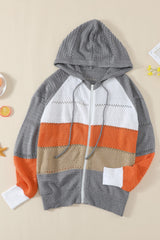 Gray Zipped Front Colorblock Hollow-out Knit Hoodie Sweatshirts & Hoodies JT's Designer Fashion
