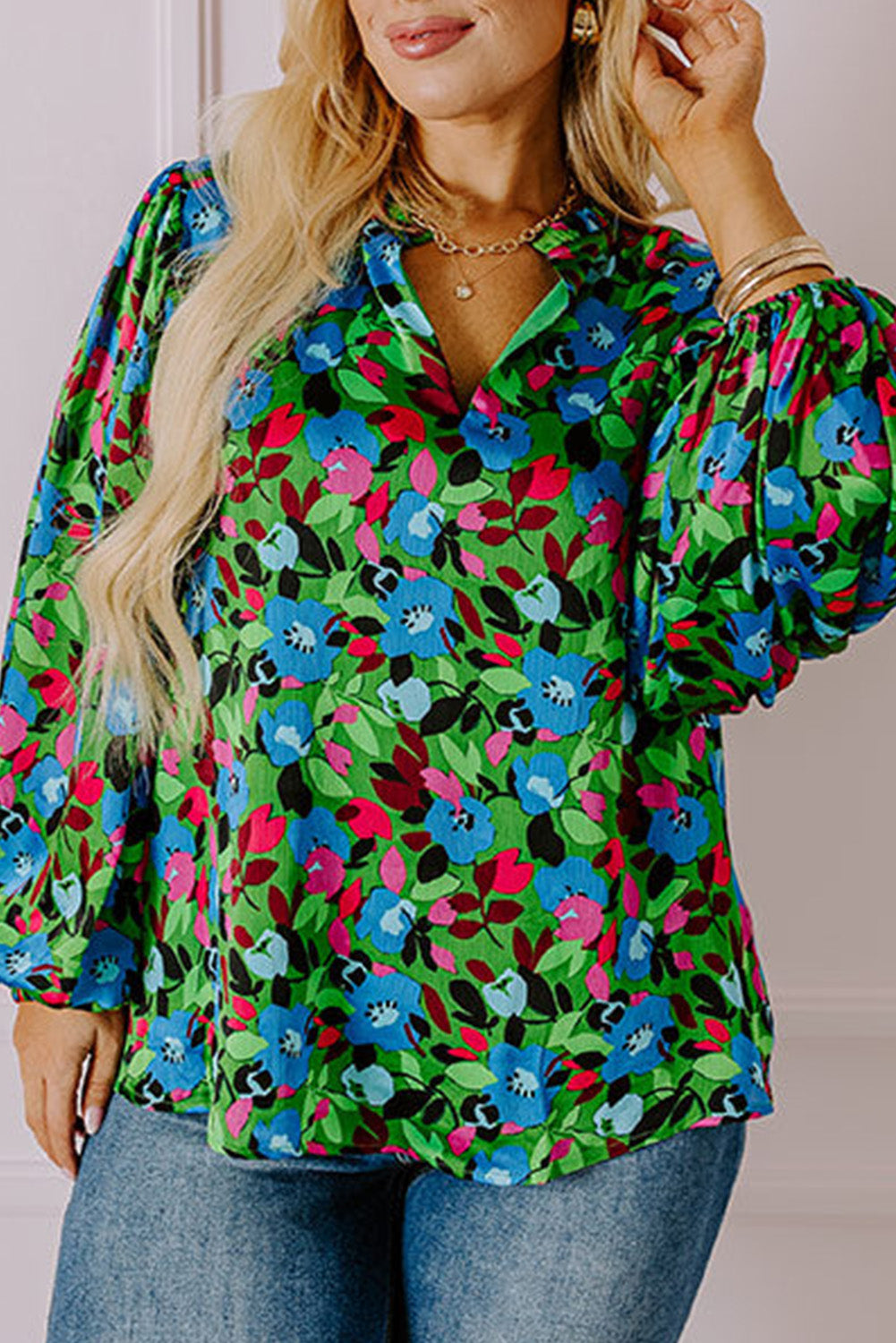 Green Plus Size Floral Bubble Sleeve V Neck Blouse Green 100%Polyester Plus Size Blouses & Shirts JT's Designer Fashion