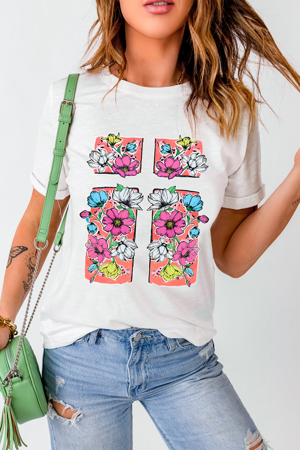 White Floral Crossed Graphic Easter Round Neck T Shirt Graphic Tees JT's Designer Fashion