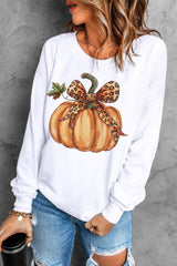 Beige Leopard Bowknot Pumpkin Graphic Crewneck Sweatshirt Graphic Sweatshirts JT's Designer Fashion