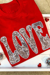 Red Sequined LOVE Letter Valentines T-shirt Graphic Tees JT's Designer Fashion