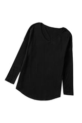 Black Solid Color V Neck Long Sleeve Knit Top Long Sleeve Tops JT's Designer Fashion