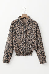 Dark Khaki Leopard Print Corduroy Irregular Hem Buttoned Jacket Jackets JT's Designer Fashion