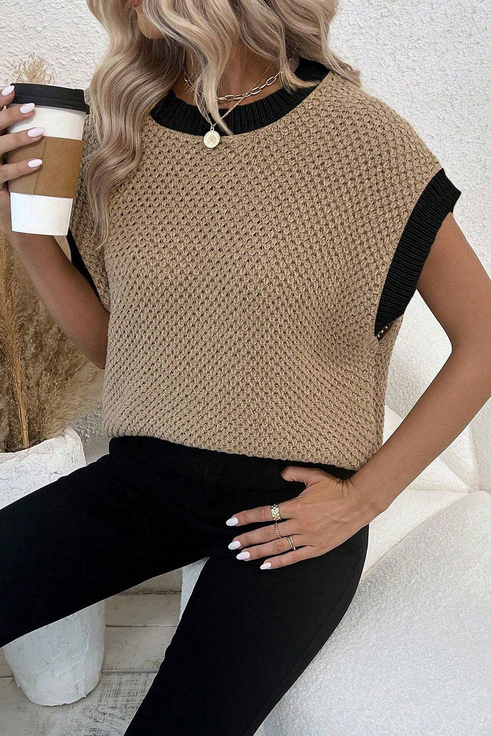 Light French Beige Contrast Trim Round Neck Batwing Sleeve Sweater Top Sweaters & Cardigans JT's Designer Fashion
