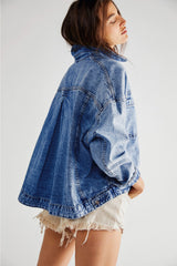 Dark Blue Washed Oversize Pocketed Denim Jacket Denim Jackets JT's Designer Fashion