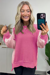 Bonbon Cable Knit Colorblock Exposed Seam Sweatshirt Sweatshirts & Hoodies JT's Designer Fashion