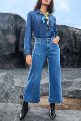 Dark Blue Plain Seam Detail Flared Bottom Ankle Length Jeans Jeans JT's Designer Fashion