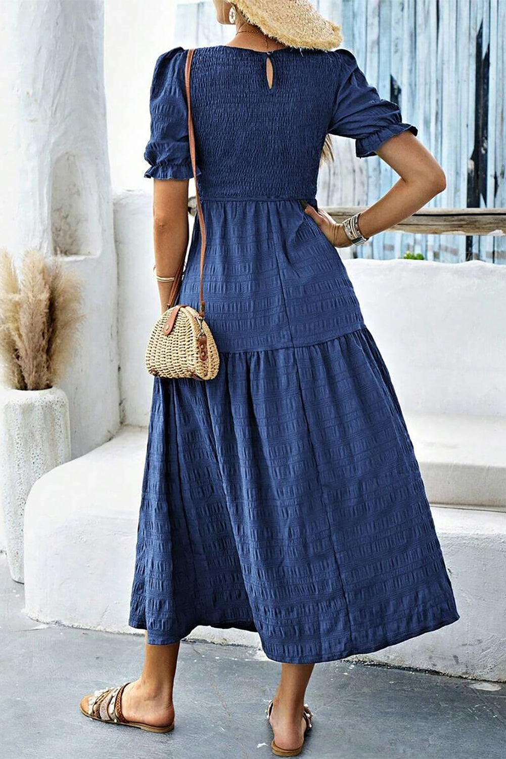 Sail Blue Solid Textured Smocked Puff Short Sleeve High Waist Long Dress Dresses JT's Designer Fashion