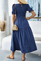 Sail Blue Solid Textured Smocked Puff Short Sleeve High Waist Long Dress Dresses JT's Designer Fashion