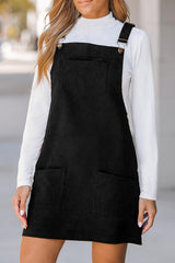 Black Solid Front Pockets Sleeveless Corduroy Overall Dress Mini Dresses JT's Designer Fashion