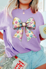 Wisteria Celebrative Easter Eggs Bow Print Casual T Shirt Graphic Tees JT's Designer Fashion