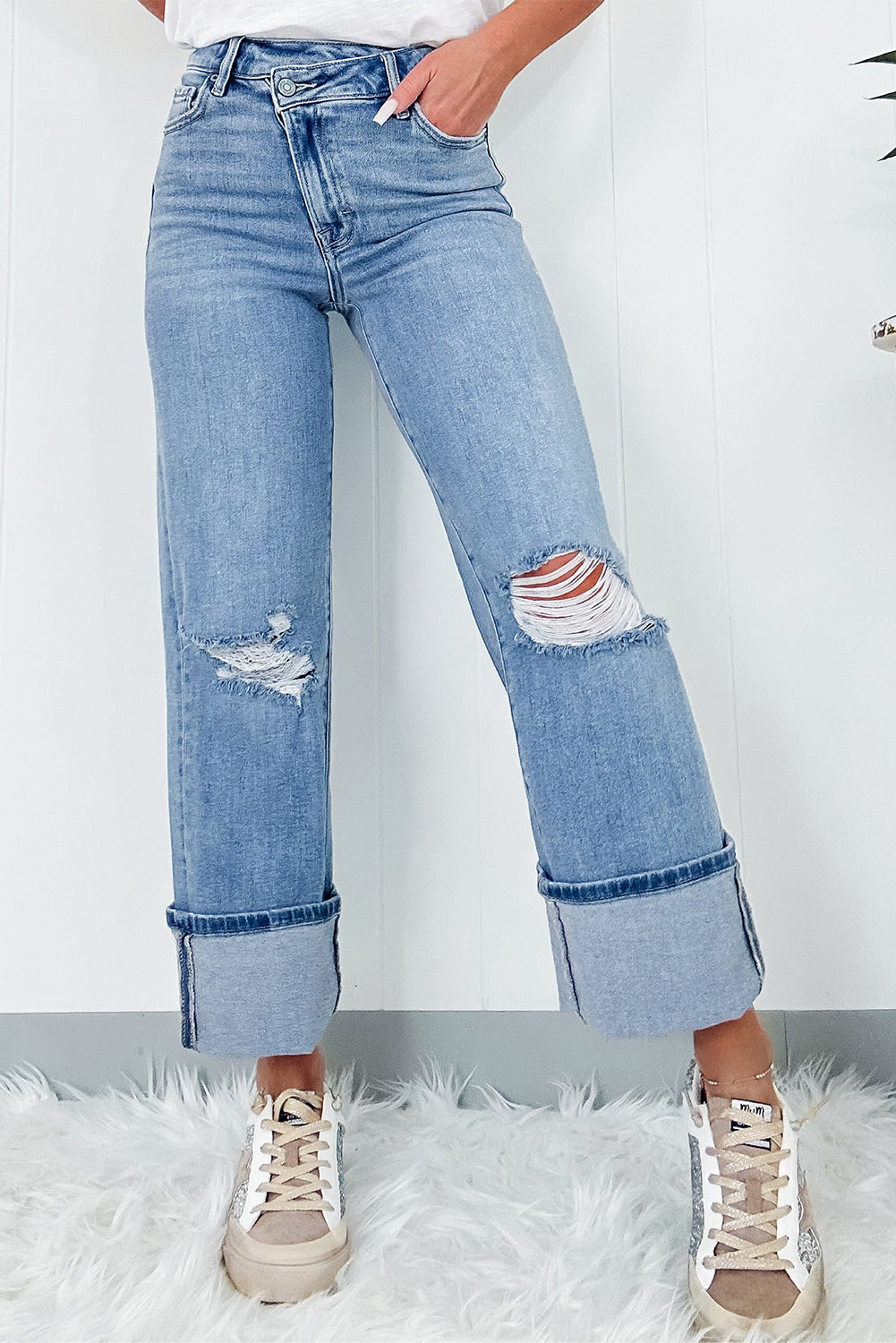 Dusk Blue High Rise Asymmetric Button Zip Fly Ripped Jeans Dusk Blue 93%Cotton+5%polyester+2%Elastane Jeans JT's Designer Fashion