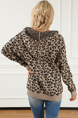 Khaki Leopard Knitted Drawstring Hooded Sweater Sweaters & Cardigans JT's Designer Fashion