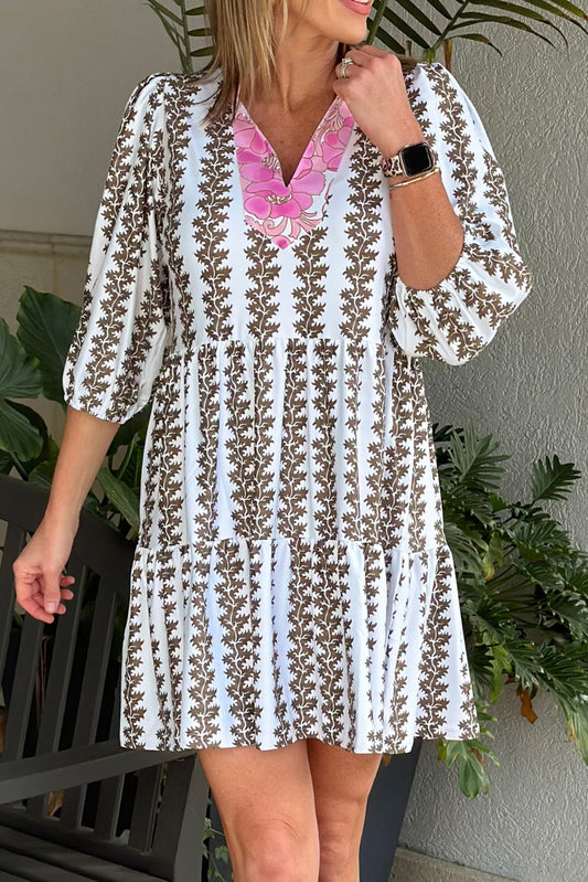 Black Contrast Floral V Neck Printed Bracelet Sleeve Dress Mini Dresses JT's Designer Fashion