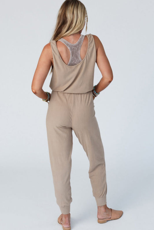 Smoke Gray Drawstring Pockets Notched Neck Sleeveless Jogger Jumpsuit Bottoms JT's Designer Fashion