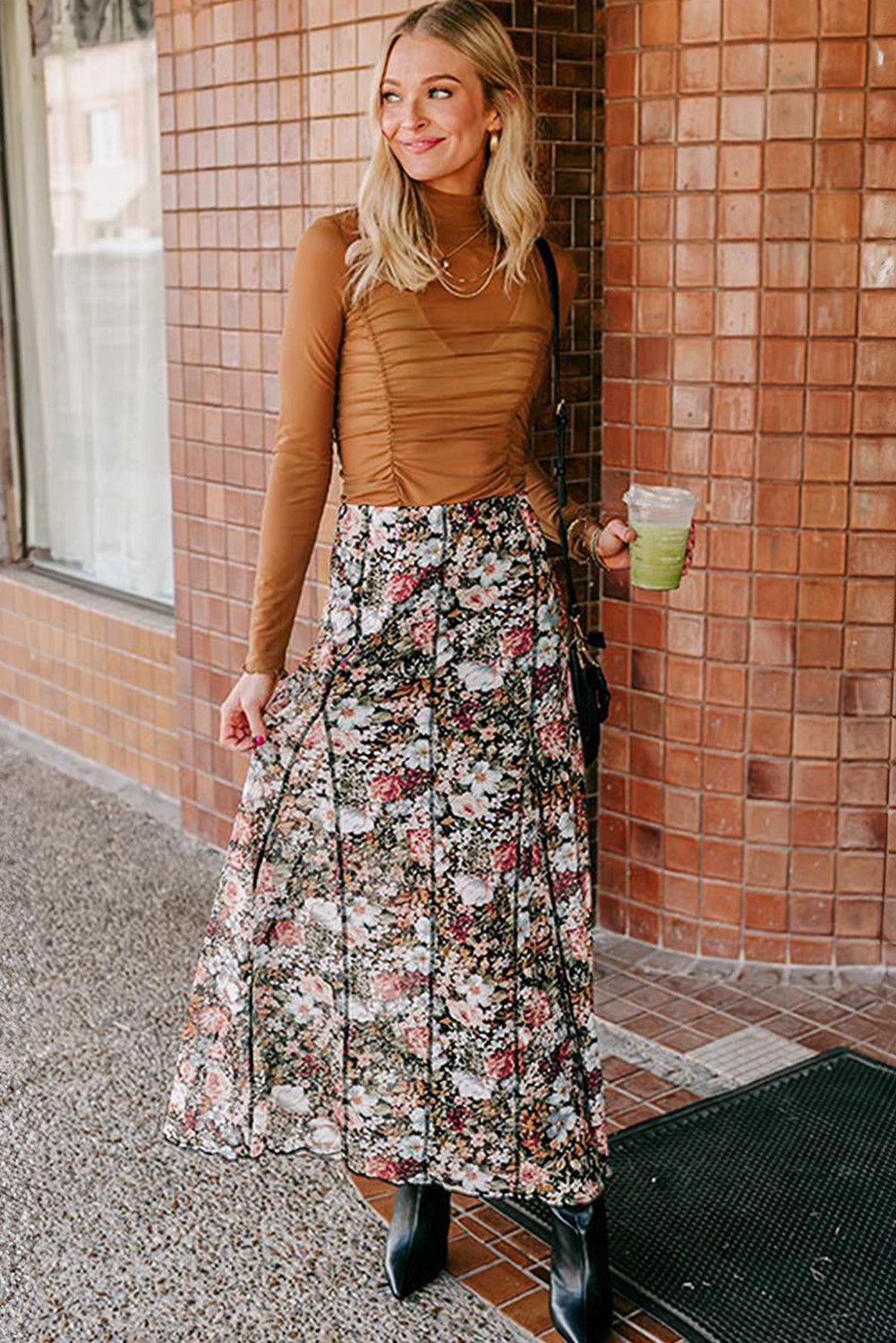 Brown Floral Print High Waist Maxi Skirt Skirts & Petticoat JT's Designer Fashion