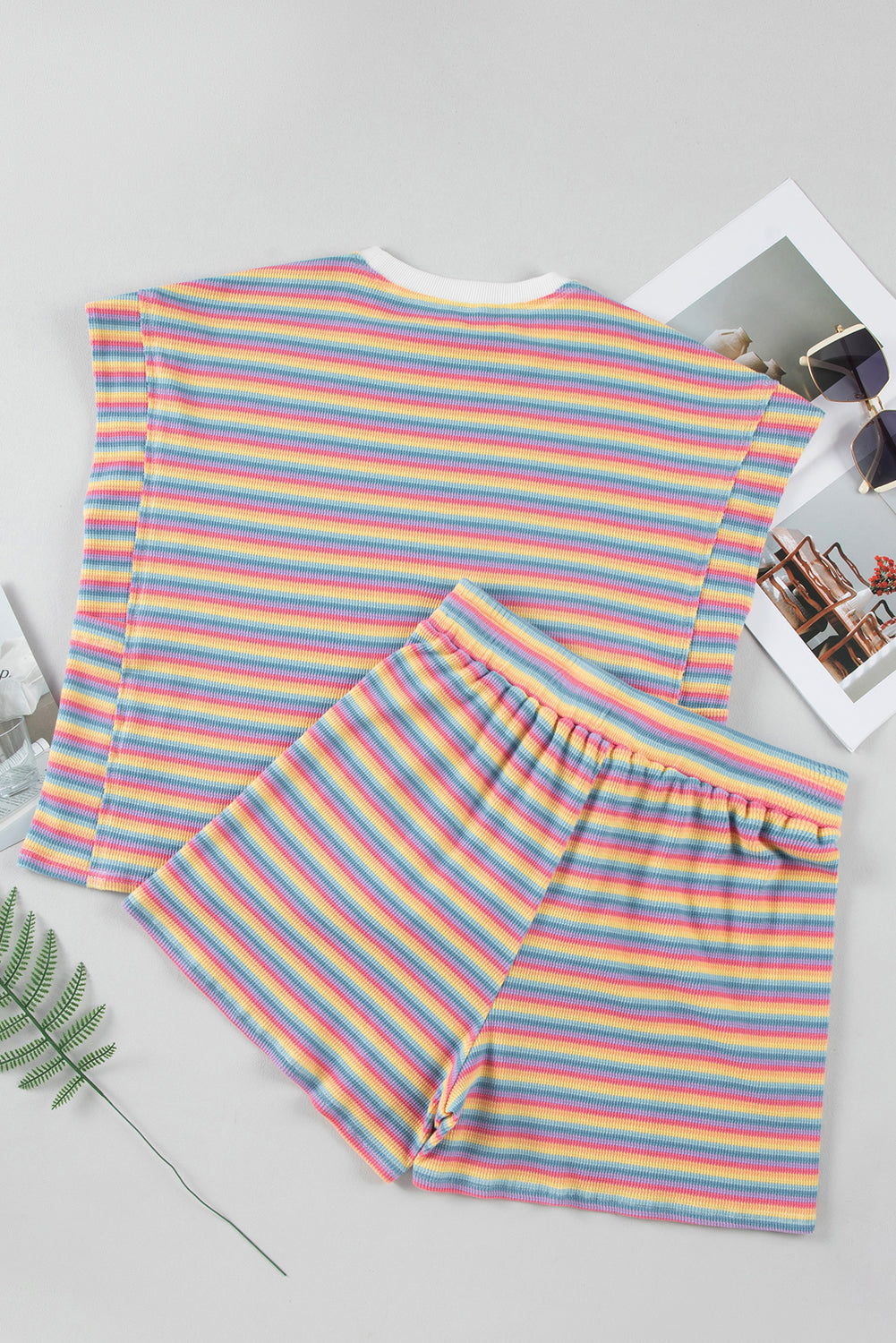 Pink Stripe Crew Neck Tee and Tasseled Drawstring Shorts Set Short Sets JT's Designer Fashion