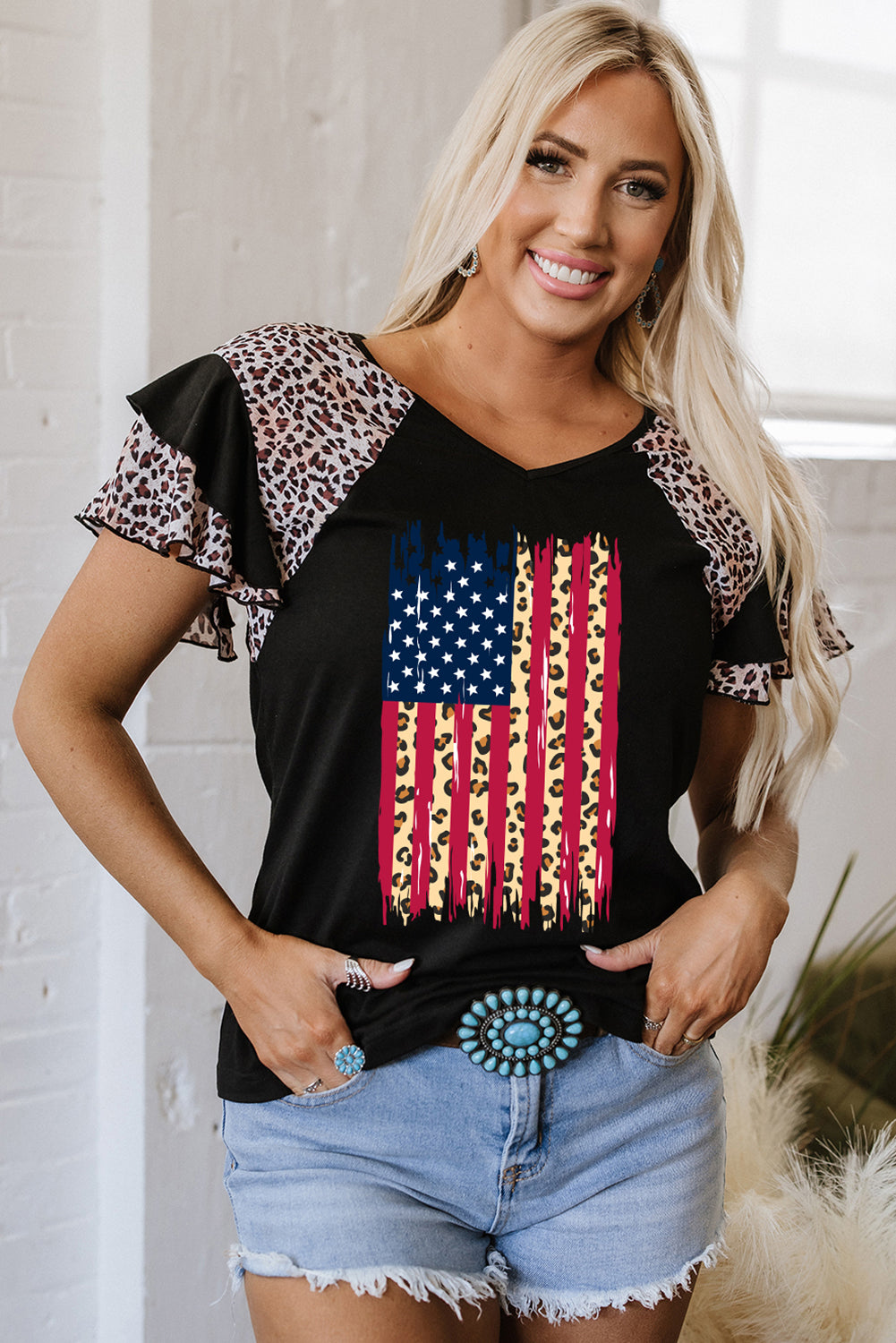 Black Leopard Patchwork Frayed USA Flag Print Ruffle Short Sleeve V Neck Tee Graphic Tees JT's Designer Fashion