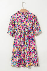 Pink Floral Puff Short Sleeve V Neck Mini Dress Floral Dresses JT's Designer Fashion