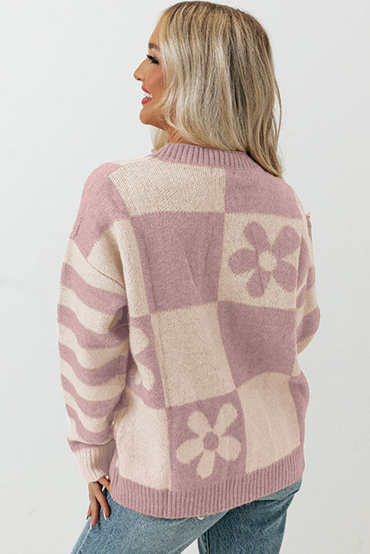 Orchid Petal Checkered Floral Print Striped Sleeve Sweater Sweaters JT's Designer Fashion