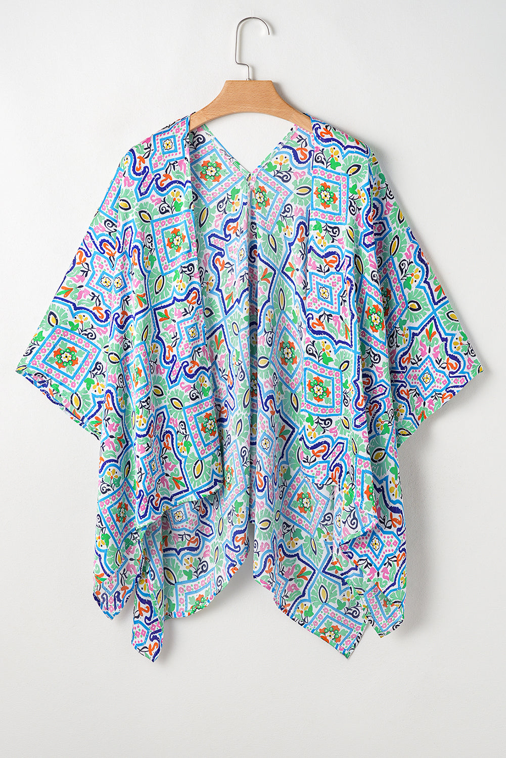 White Boho Floral Printed Rhinestone 3/4 Sleeve Open Front Kimono Kimonos JT's Designer Fashion