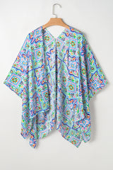 White Boho Floral Printed Rhinestone 3/4 Sleeve Open Front Kimono Kimonos JT's Designer Fashion
