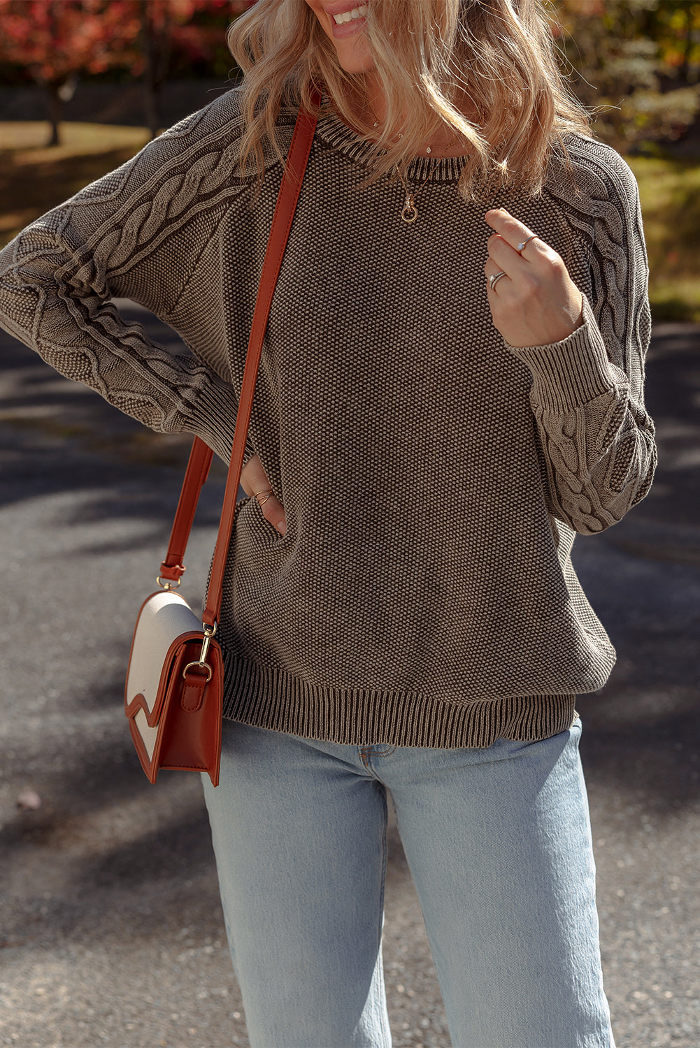 Dark Brown Contrast Cable Knit Sleeve Casual Sweater Sweaters JT's Designer Fashion