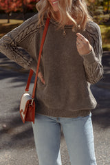 Dark Brown Contrast Cable Knit Sleeve Casual Sweater Sweaters JT's Designer Fashion
