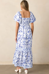 Sky Blue Floral Print Square Neck Bubble Sleeve High Waist Long Dress Maxi Dresses JT's Designer Fashion