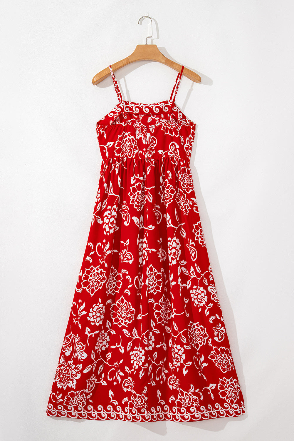 Red Floral Printed Spaghetti Strap Empire Waist Maxi Dress Floral Dresses JT's Designer Fashion