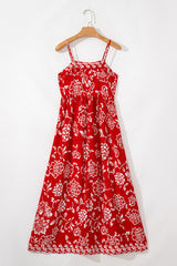 Red Floral Printed Spaghetti Strap Empire Waist Maxi Dress Floral Dresses JT's Designer Fashion