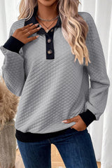 Light Grey Textured Colorblock Edge Buttoned Collar Sweatshirt Sweatshirts & Hoodies JT's Designer Fashion