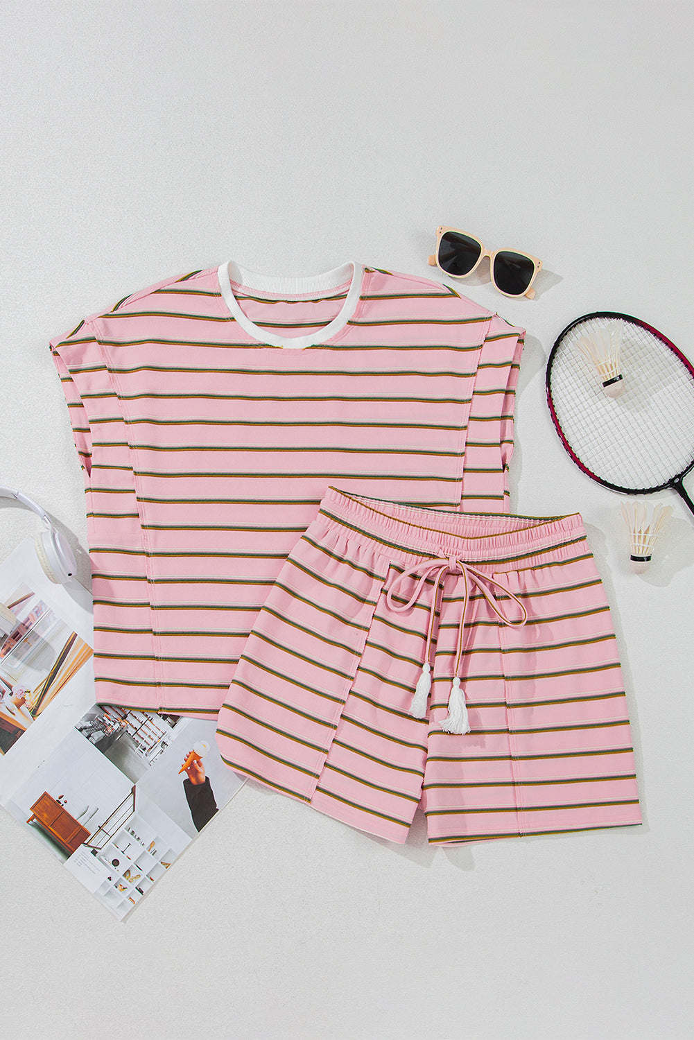 Pink Stripe Wide Short Sleeve Tee and Short Set Short Sets JT's Designer Fashion