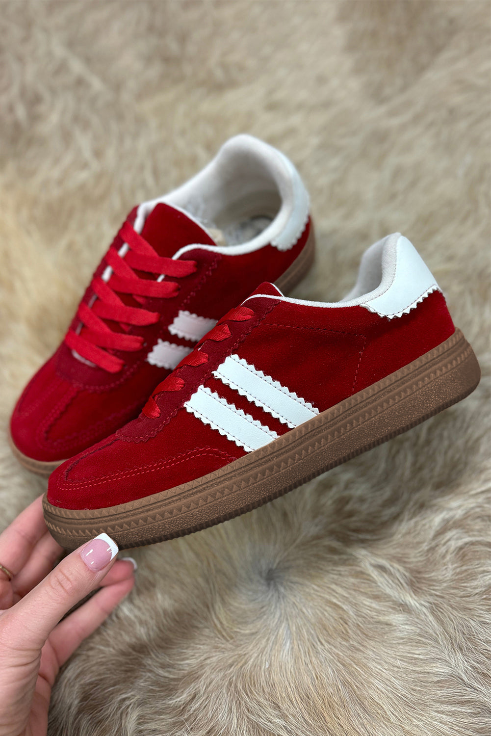 Fiery Red Vintage Striped Patchwork Lace-up Flat Shoes Women's Shoes JT's Designer Fashion
