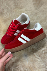Fiery Red Vintage Striped Patchwork Lace-up Flat Shoes Women's Shoes JT's Designer Fashion