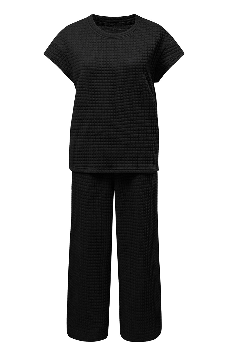 Black Solid Color Textured Short Sleeve Top and Casual Pants Set Pant Sets JT's Designer Fashion