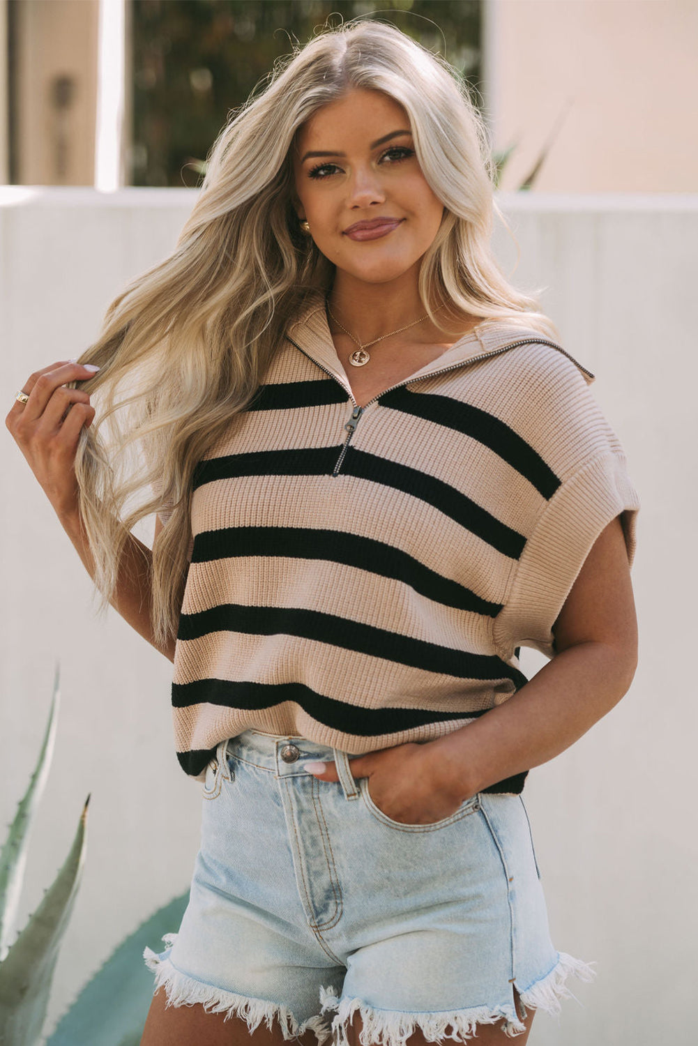 Khaki Stripe Zipped Collar Short Sleeve Sweater Top Sweaters & Cardigans JT's Designer Fashion